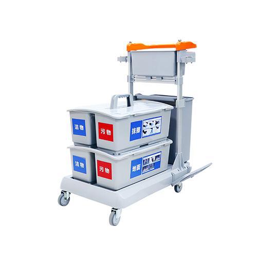 帶剎車靈動型平推系統(tǒng)清潔車 配垃圾桶、2個含標(biāo)貼雙格桶 JDB G223